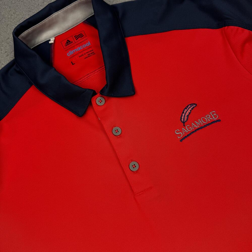 Adidas Polo Shirt Mens Large Red Navy ClimaCool Golf Sagamore Embroidered AE4552